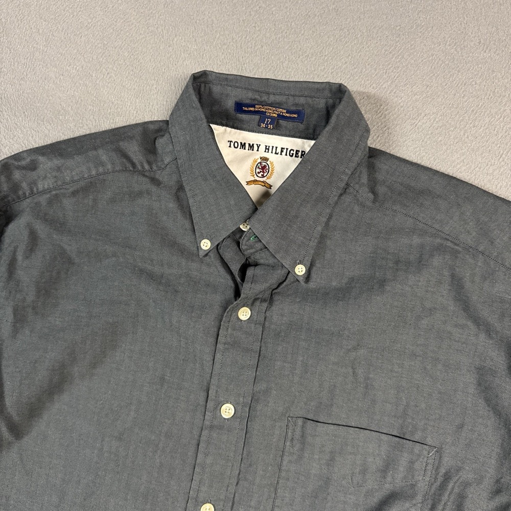 Tommy Hilfiger Shirt Mens 17 34-35 Gray Herringbone Stretch Dress VTG Hong Kong